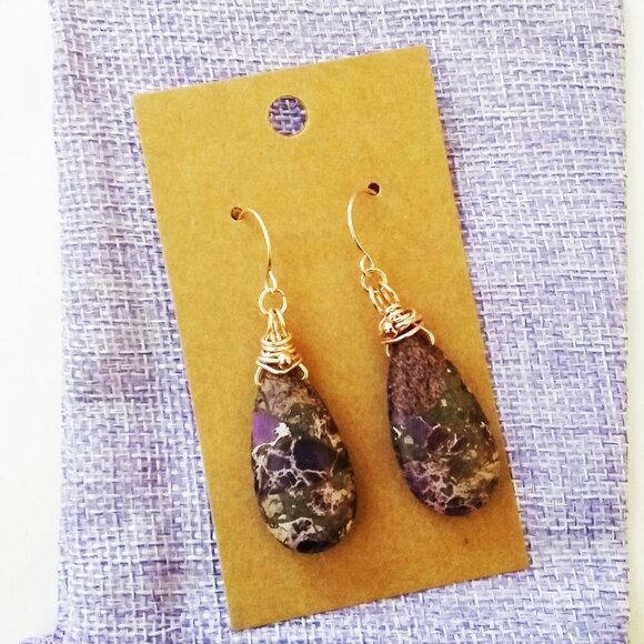 Purple & Plum Sea Sediment Jasper Teardrop + Rose Gold ~ Bold Dangle Earrings - Picture 4 of 12